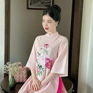 Pink Vietnamese traditional dress Ao Dai linen  -included pants